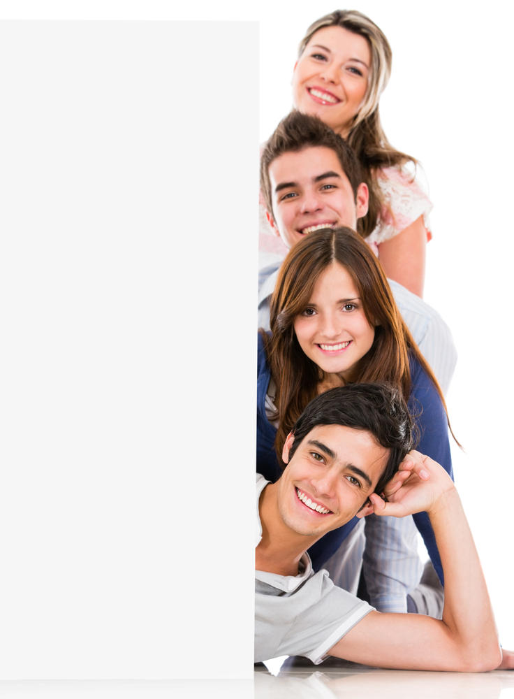 Happy group of people with a banner - isolated over a white background