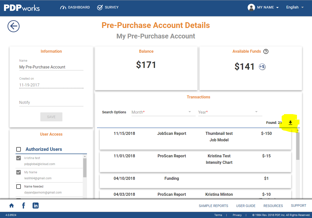 Download List—Pre-Purchase Account Transactions